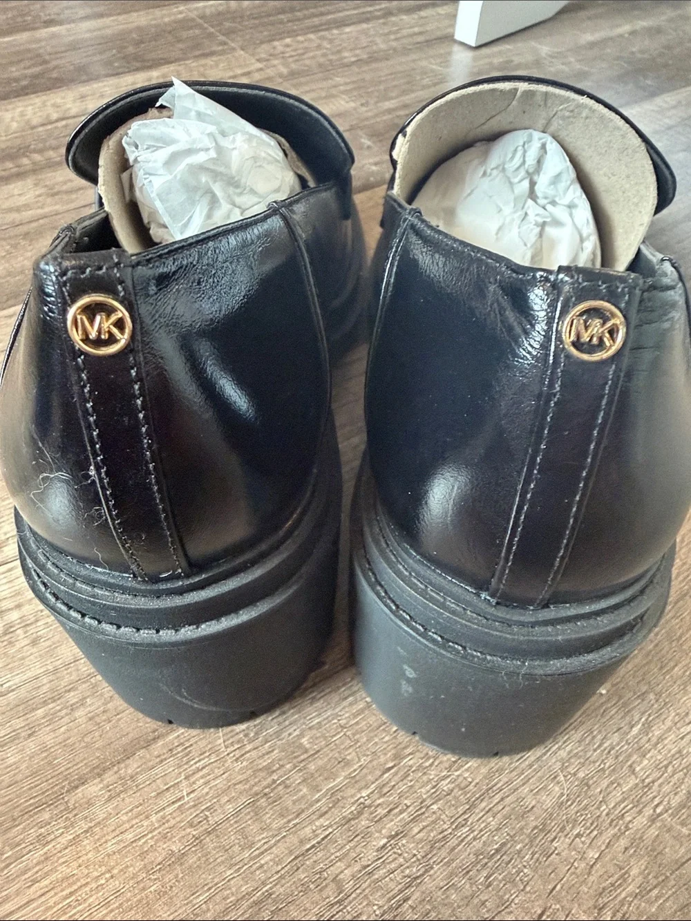 NWOB Michael Kors Black Leather Penny Loafers with Gold Logo Accent